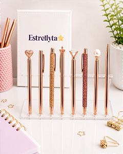 Kit Canetas Luxo ROSE com 8 Unidades – Escrita Azul Premium | Estrellyta