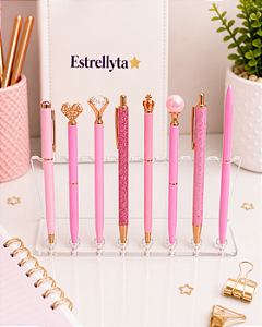 Kit Canetas Luxo ROSA com 8 Unidades – Escrita Azul Premium | Estrellyta