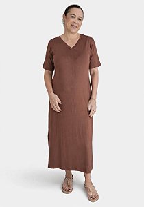 VESTIDO MIDI MALHA GOLA V MARROM