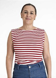 REGATA MALHA LISTRADA VERMELHO COM BRANCO GOLA CANOA