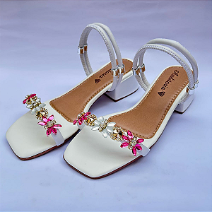 Sandália Feminina Salto Bloco 4 cm Pedraria Primavera/verão