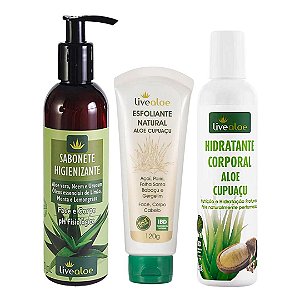 Kit Natural Corporal Livealoe: Sabonete Higienizante + Esfoliante + Hidratante Aloe Cupuaçu