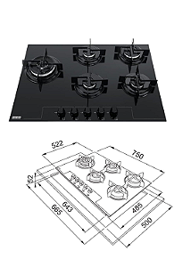 FOGÃO MESA VIDRO 5 BOCAS 710X510MM FHG70