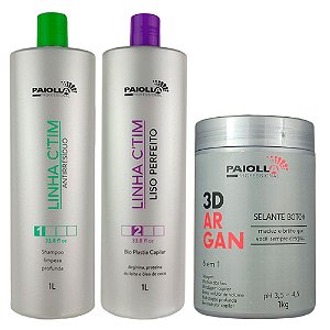 Kit Escova Progressiva Reconstrutora CTIM Liso Perfeito Shampoo Antirresíduo e Botox Selante 3D Argan 6 em 1 - Paiolla