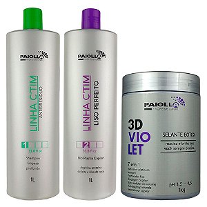 Kit Escova Progressiva CTIM Liso Perfeito Shampoo Antirresíduo e Botox Selante Matizador 3D Violet 7 em 1 - Paiolla