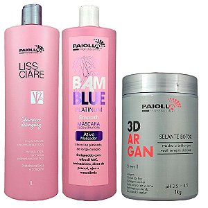 Kit Escova Progressiva Sem Formol Bamblue Platinum e Shampoo Bambu e Botox Selante 3D Argan 6 em 1 - Paiolla