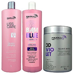 Kit Escova Progressiva Sem Formol Bamblue Platinum e Shampoo Bambu e Botox Selante 3D Violet 7 em 1 - Paiolla