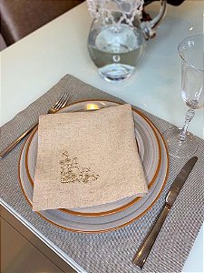 Guardanapo de Mesa - Linho  - Cor Areia - Bordado Arabesco Dourado - Mimos Têxtil