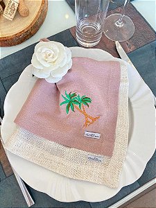 Guardanapo de Mesa - Linho - Cor Nude - Bordado Coqueiro - Mimos Têxtil