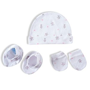 Kit de Bebê 3 Peças - Touca, Meias e Luva Branco e Rosa - TIP TOP