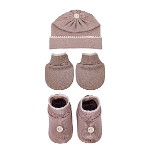 Kit 3 Peças de Tricot Botão Bege com Natural - Sanches Baby