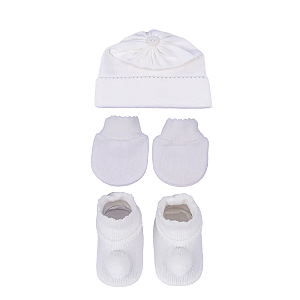 Kit 3 Peças Touca, Luva e Sapatinho Offwhite Pompom - Sanches Baby