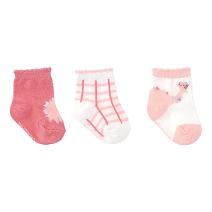 Kit Meia Bebê com 3 Pares Tam RN até nº 15 Dino Rosa - Pimpolho