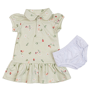 Vestido Gola Polo verde floral com Tapa Fralda - COQUELICOT