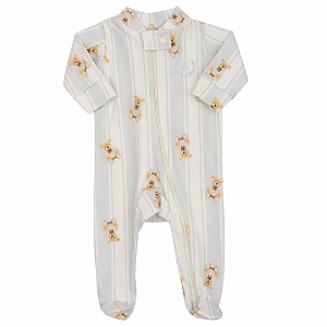 Macacão longo com zíper Listrado Azul Claro e Ursos - Coquelicot