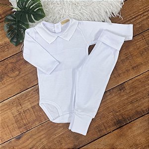Conjunto Body Manga Longa e Calça Quadriculado Branco 0 a 3 meses 100% Algodão