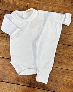 Conjunto Body Manga Longa e Calça Trigo Branco 0 a 3 meses 100% Algodão