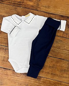 Conjunto Body Manga Longa e Calça Losango Branco Marinho 0 a 3 meses 100% Algodão