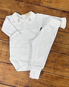 Conjunto Body Manga Longa e Calça Ursinho Branco Cinza 0 a 3 meses 100% Algodão