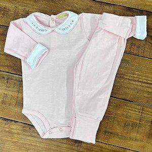 Conjunto Body Manga Longa e Calça Florzinha Rosa 0 a 3 meses 100% Algodão