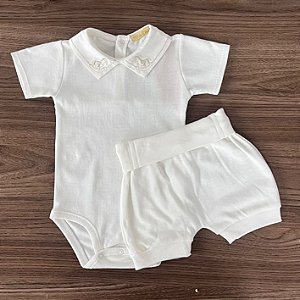 Conjunto Body Curto com Shorts Offwhite Cavalinho 0 a 3 meses - 100% Algodão