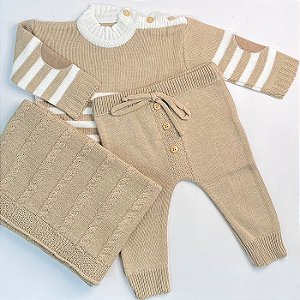 Saída Maternidade Lucca em Tricô com Casaquinho Calça e Manta para Menino - 3 Peças