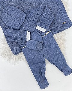 Saída Maternidade Menino Ale em Tricô Azul Jeans - 5 peças