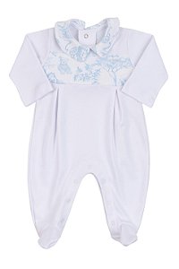 Macacão 100% Algodão com Gola e Barrado Branco e Azul - Coquelicot