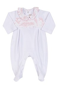 Macacão 100% Algodão com Gola e Barrado Branco e Rosa - Coquelicot