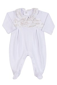 Macacão 100% Algodão com Gola e Barrado Branco e Bege - Coquelicot