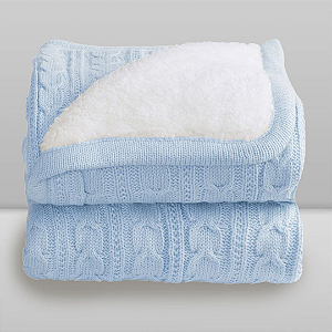 Cobertor Lã Tricot com Sherpam Azul Bebê - Laço Bebê