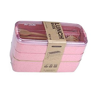 Marmita Bentô Plástico 3 Compartimentos Rosa Lunch Box