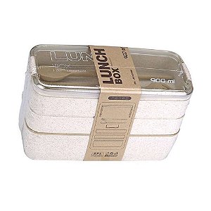 Marmita Bentô Plástico 3 Compartimentos Bege Lunch Box