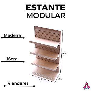 Estante Modular em Miniatura de Madeira C/ 4 Andares (DIY)(Ajustável)(Encaixável)