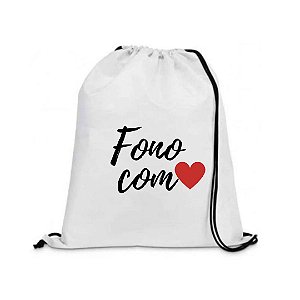 Mochila Saco Branca c/ cordas Pretas - Personalizada - Fono com Amor