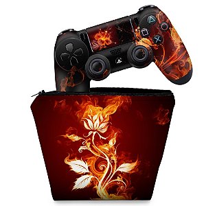 KIT Capa Case e Skin PS4 Controle  - Fire Flower