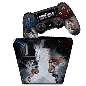 KIT Capa Case e Skin PS4 Controle  - Capitão America - Guerra Civil