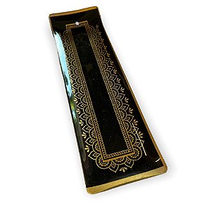 Incensário vidro retangular preto e dourado 21,5x6,2cm
