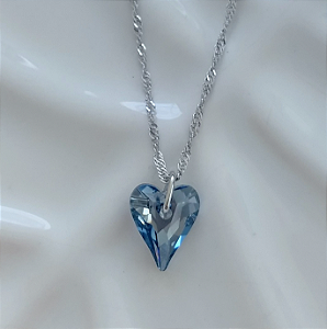 Colar Swarovski Coração Fino 12mm Blue Shade