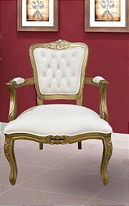 Cadeira Luiz XV C/Braço Entalhada - Dourado/Branco - Alto Padrão Móveis.