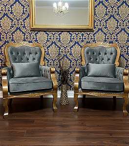 Conjunto com 02 Poltronas Imperador - Imbuia/Cinza - Alto Padrão Móveis.