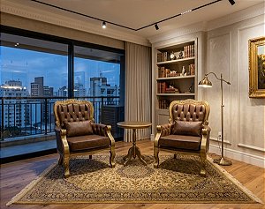 Conjunto Poltronas Imperador com Mesa Apoio Ouro Envelhecido