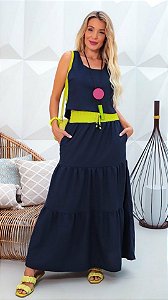 Conjunto blusa e saia longa em linho, com detalhes em verde lima. Tam. 42/44.