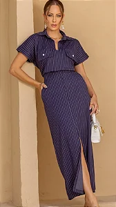 Conjunto de saia e blusa em crepe com elastano risca de giz. Tam. G