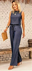 Conjunto calça pantalona e blusa all jeans. Tam. P