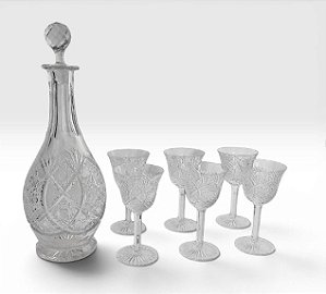Garrafa c/ 6 taças em cristal da Boêmia