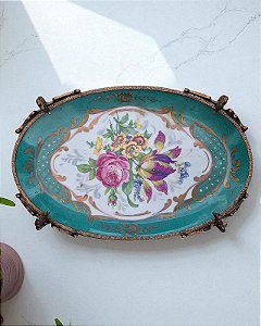 Pequeno centro de mesa em porcelana Limoges verde c/ metal
