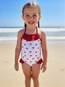 Maiô Infantil Cerejinhas Vermelho Forrado  com Babados