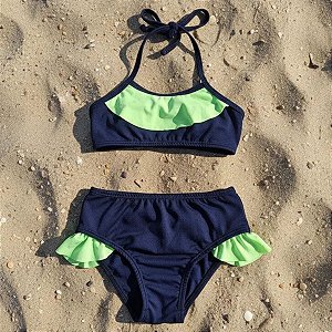 Biquíni Menina Azul Marinho com Babado Verde Neon