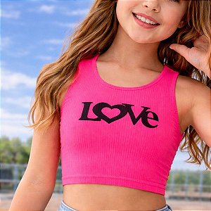 Cropped Infantil Rosa Neon LOVE em Suplex Canelado Tamanho 8